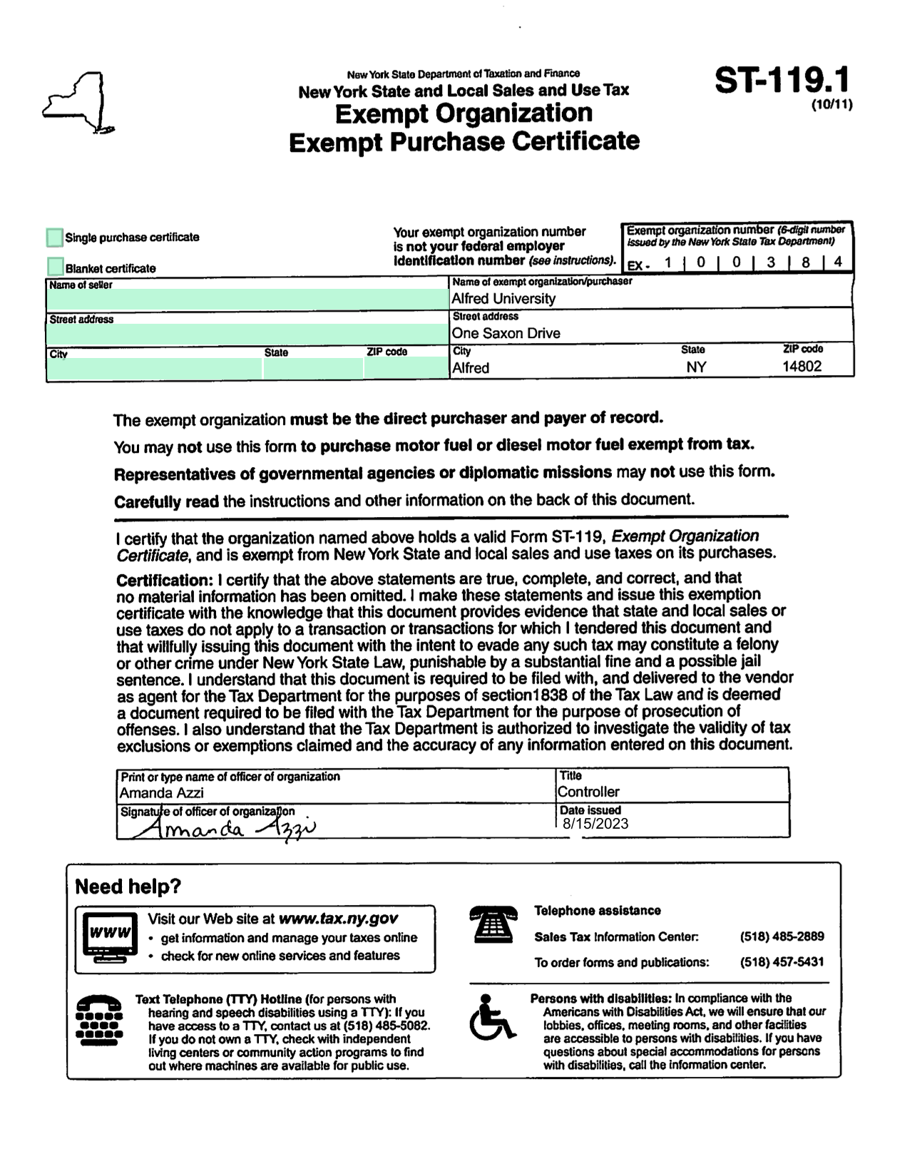 ST 119.1 Exempt Organization Exempt Purchase Certificate screenshot