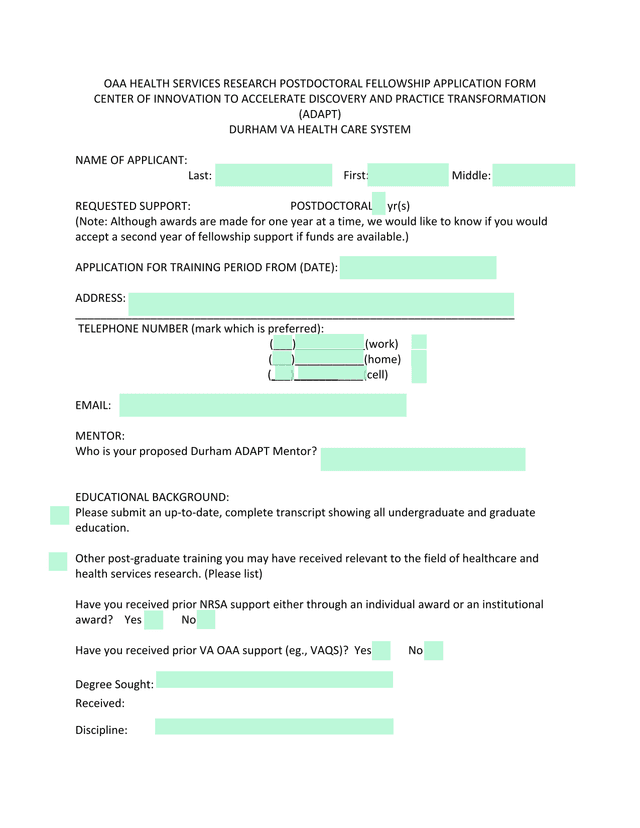 OAA HEALTH SERVICES RESEARCH POSTDOCTORAL FELLOWSHIP APPLICATION FORM screenshot