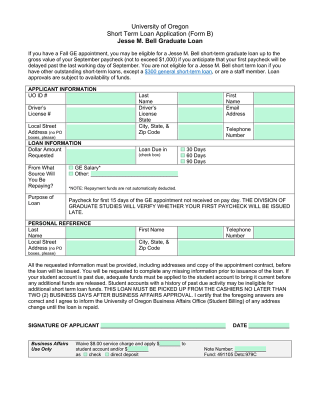University Of Oregon Short Term Loan Application (Form B)   Jesse M. Bell Graduate Loan screenshot