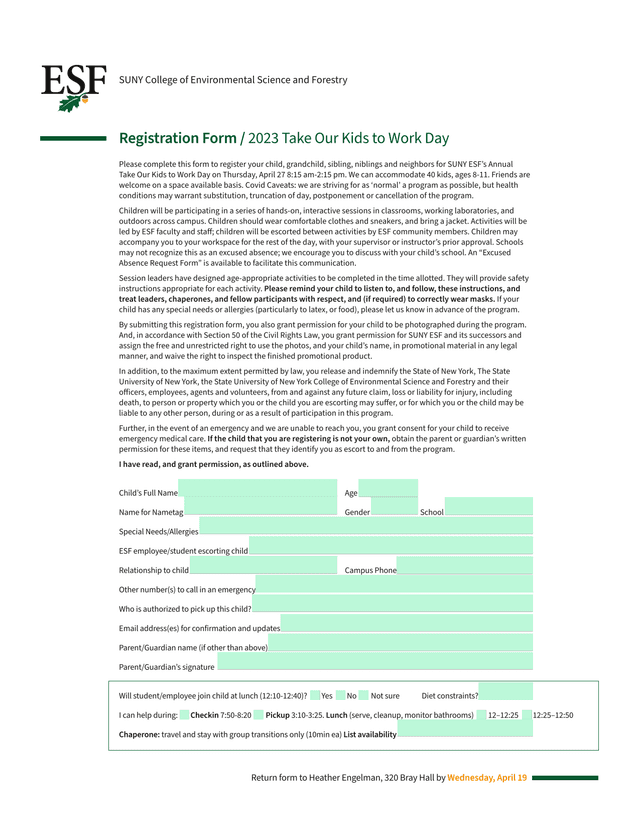 SUNY ESF Take Our Kids To Work Day Registration Form screenshot