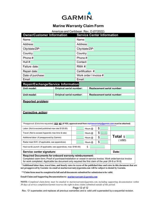 Marine Warranty Claim Form screenshot