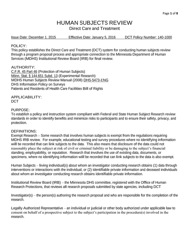 Human Subjects Review Direct Care And Treatment Policy screenshot