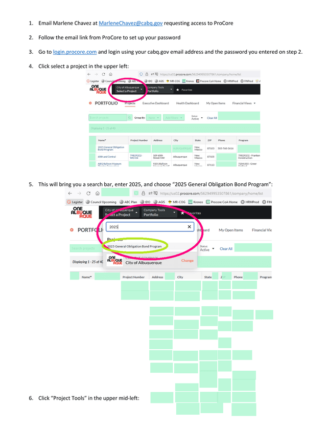 ProCore Access And Project Request Instructions screenshot