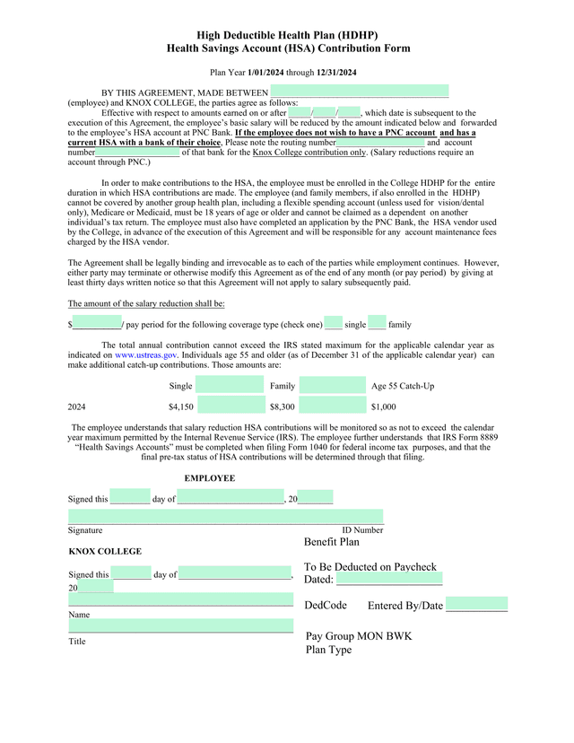 Health Savings Account (HSA) Contribution Form screenshot