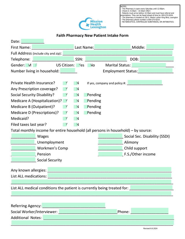 Faith Pharmacy New Patient Intake Form screenshot