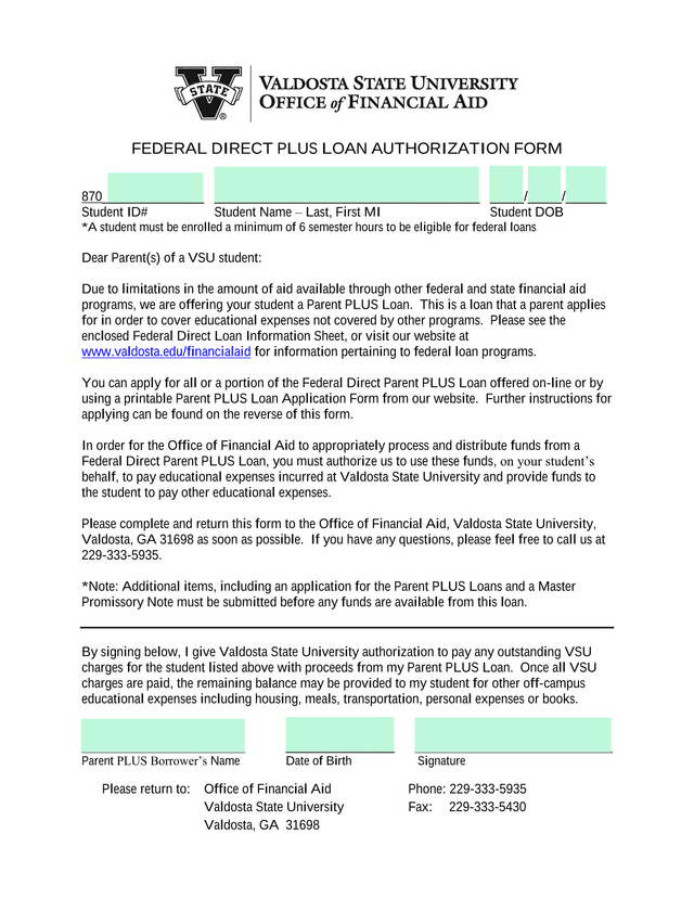 FEDERAL DIRECT PLUS LOAN AUTHORIZATION FORM screenshot