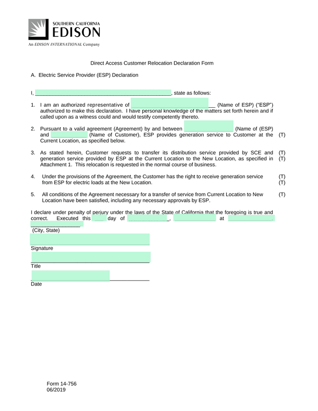 Form 14 756 Direct Access Customer Relocation Declaration Form screenshot