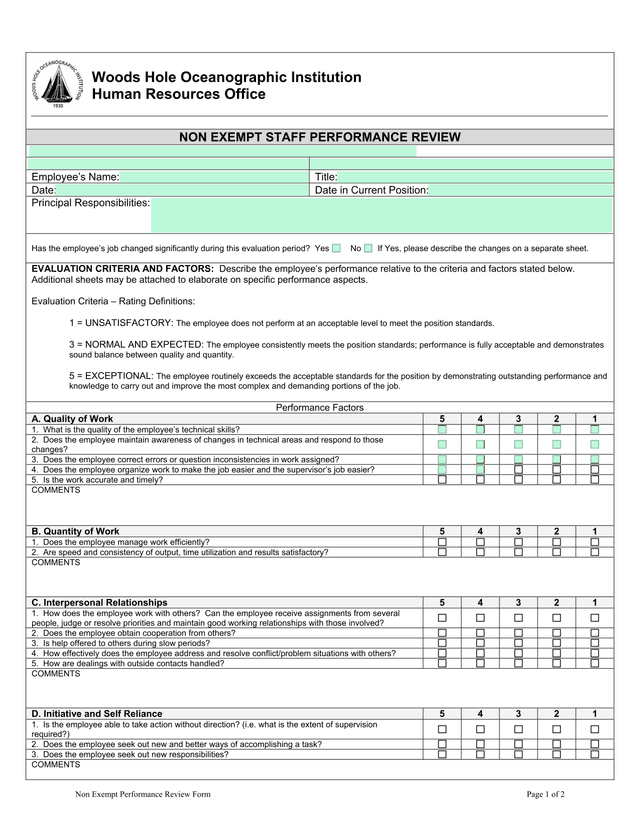 Non Exempt Performance Review Form screenshot