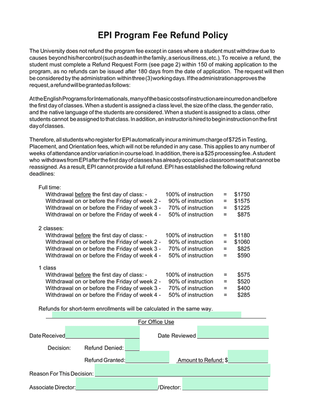 EPI Program Fee Refund Policy screenshot