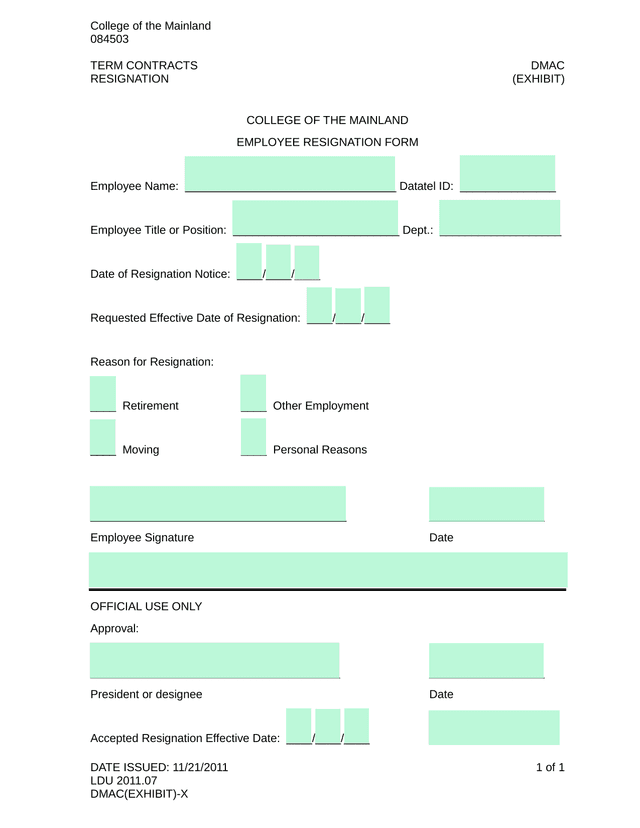 Employee Resignation Form screenshot