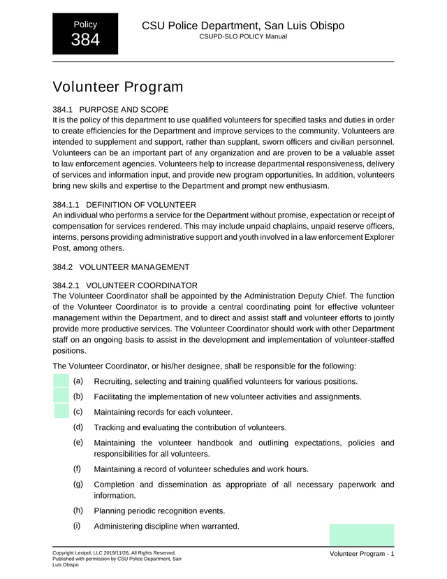 CSU Police Department Volunteer Program Policy screenshot