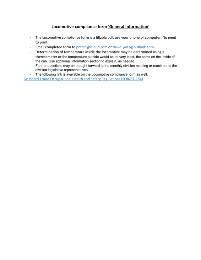 Locomotive Compliance Form General Information screenshot