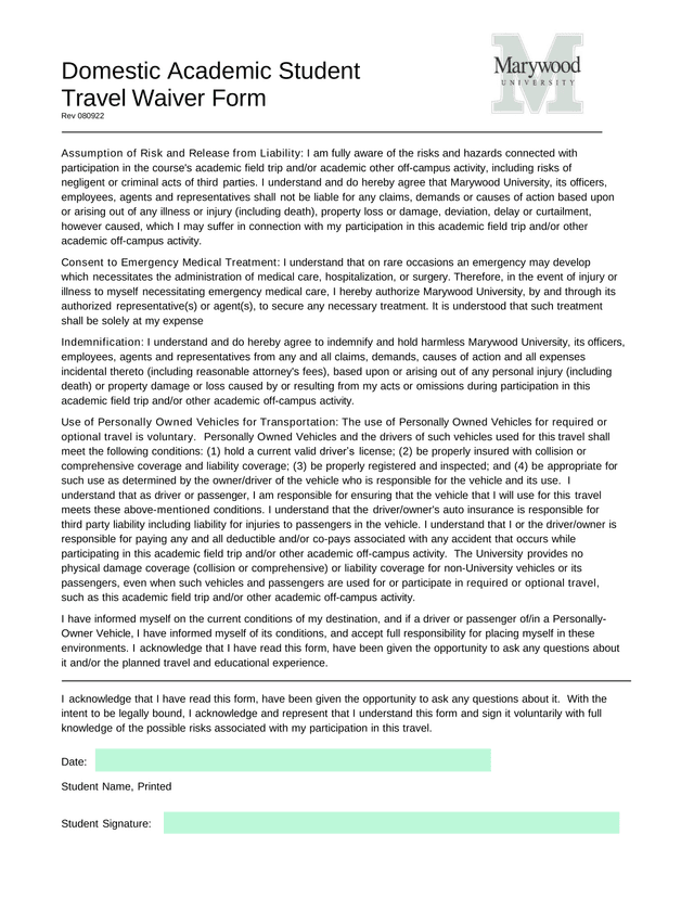 Domestic Academic Student Travel Waiver Form screenshot