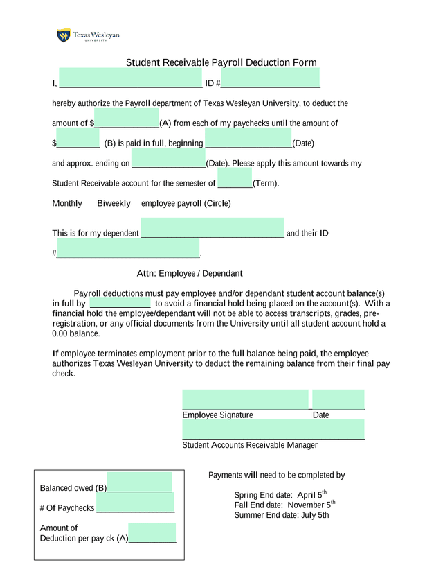 Student Receivable Payroll Deduction Form screenshot