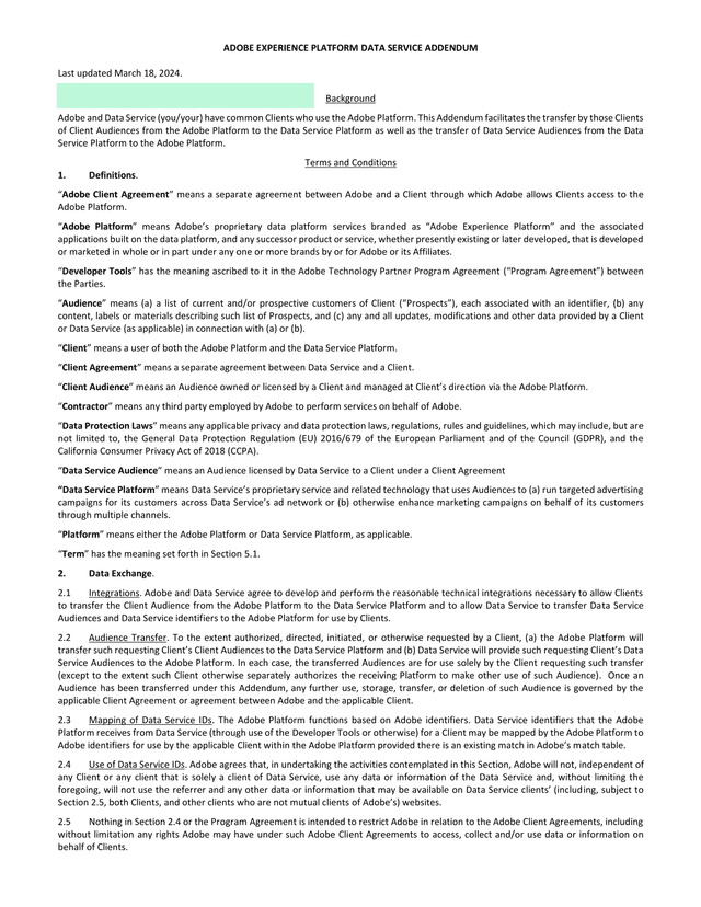 Adobe Experience Platform Data Service Addendum screenshot