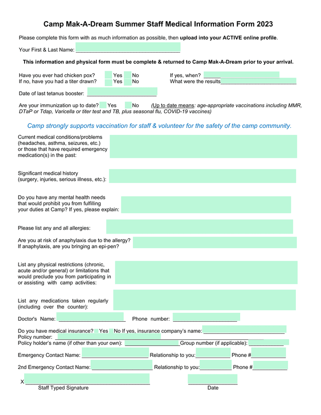 Camp Mak A Dream Summer Staff Medical Information Form 2023 screenshot