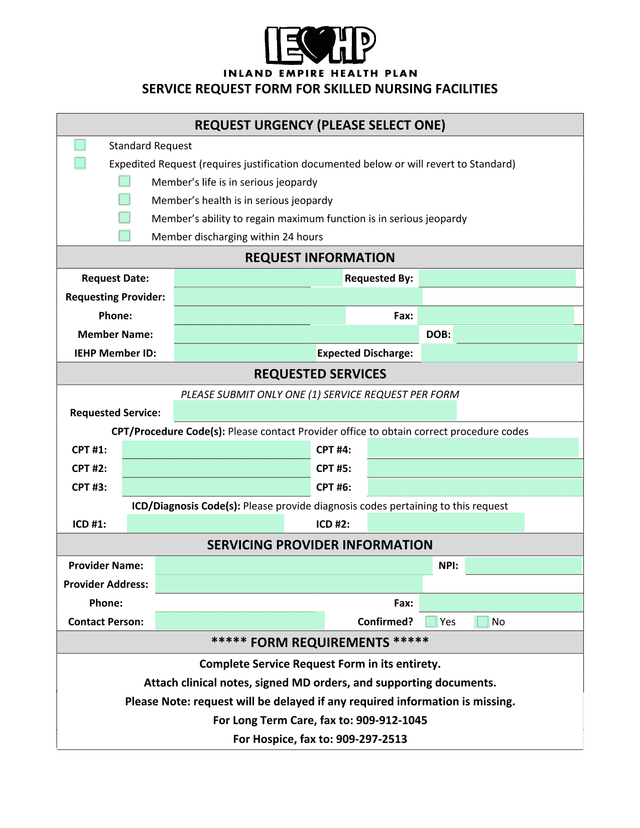 Service Request Form For Skilled Nursing Facilities screenshot