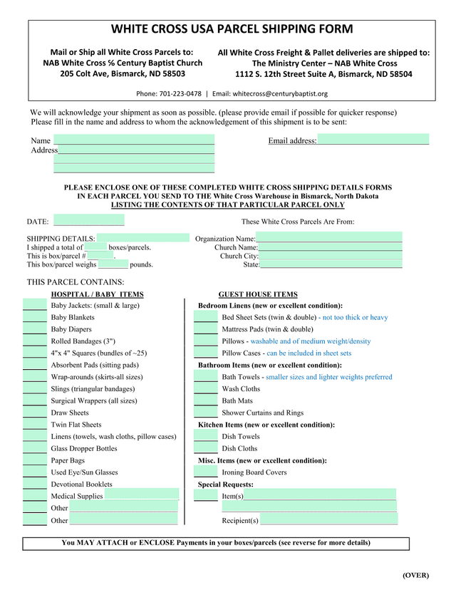 White Cross Shipping Details Form screenshot