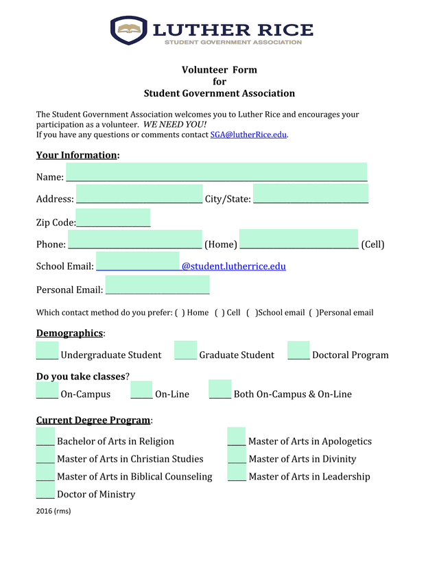 Volunteer Form For Student Government Association screenshot