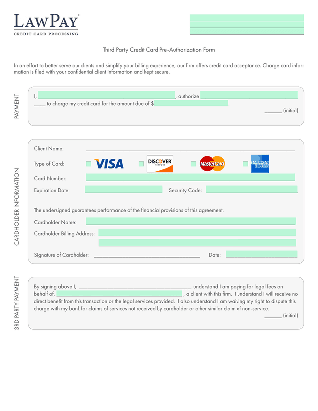 Third Party Credit Card Pre Authorization Form screenshot