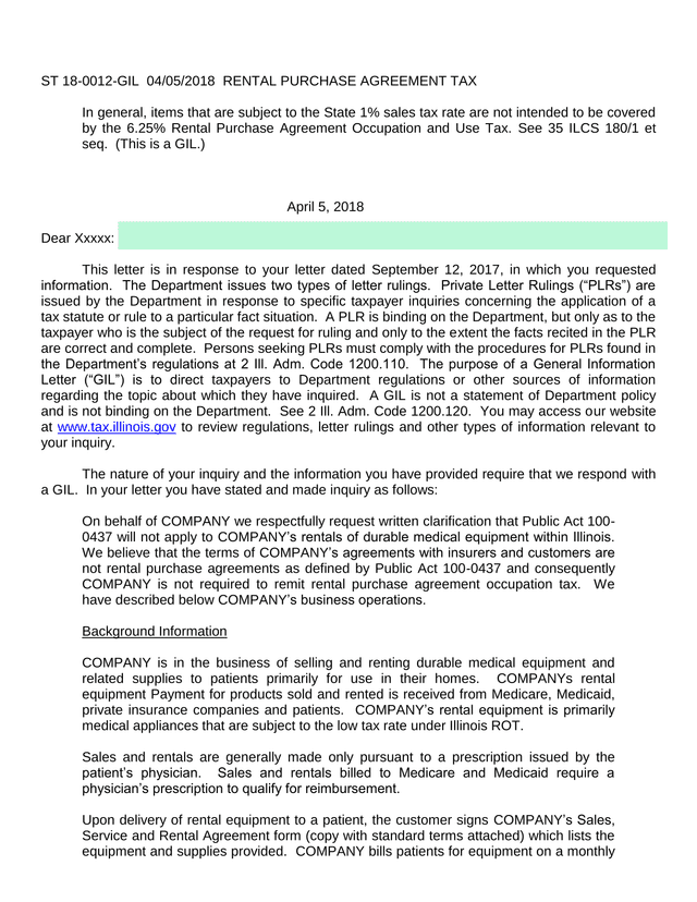 Rental Purchase Agreement Tax   General Information Letter screenshot