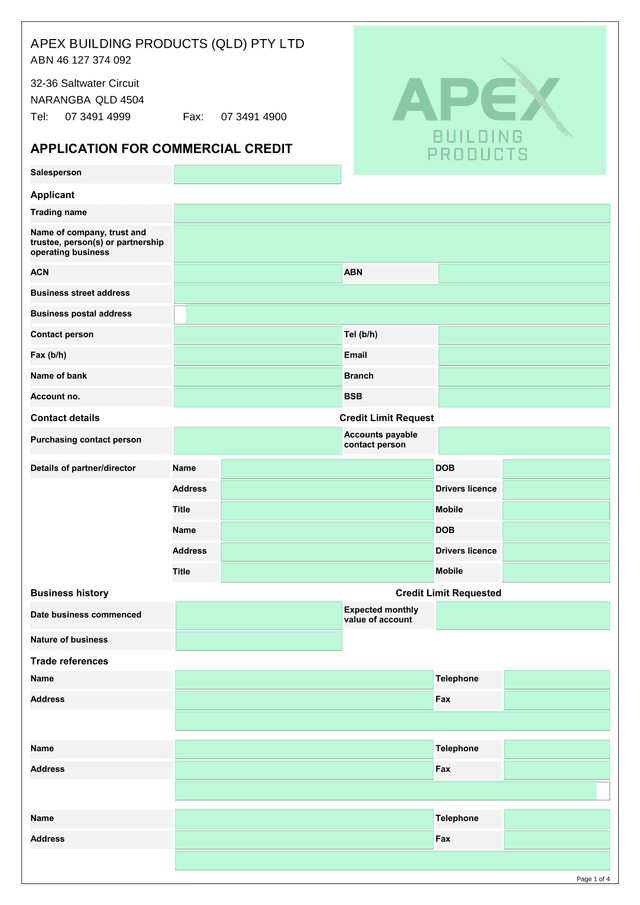 APPLICATION FOR COMMERCIAL CREDIT screenshot