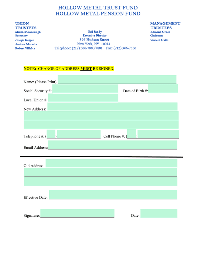Change Of Address Form screenshot