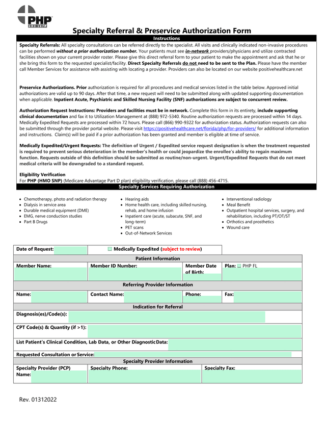 Specialty Referral  Preservice Authorization Form screenshot