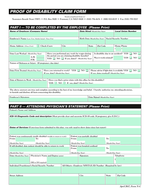 Disability Claim Form screenshot