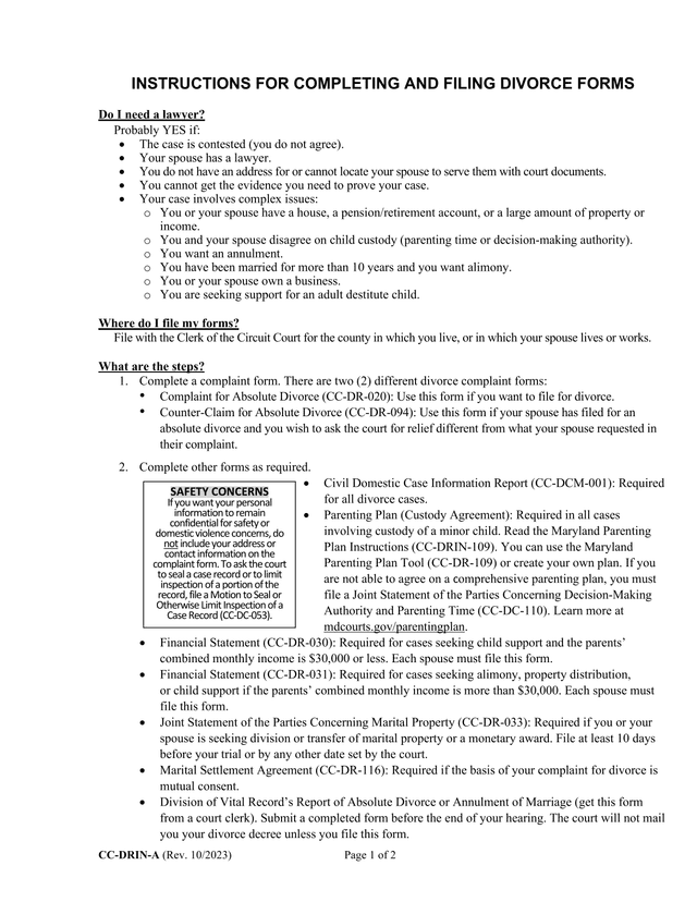 Instructions For Completing And Filing Divorce Forms screenshot