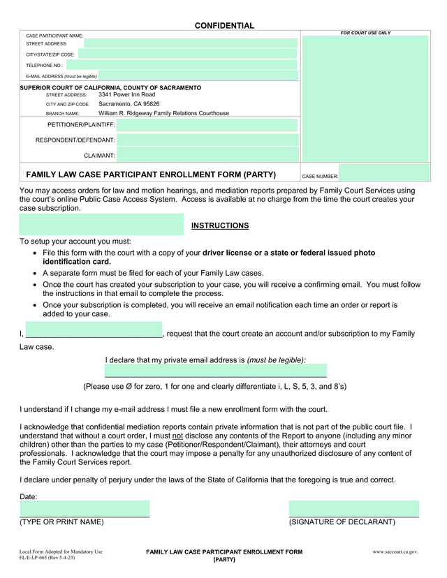 Family Law Case Participant Enrollment Form (Party) screenshot