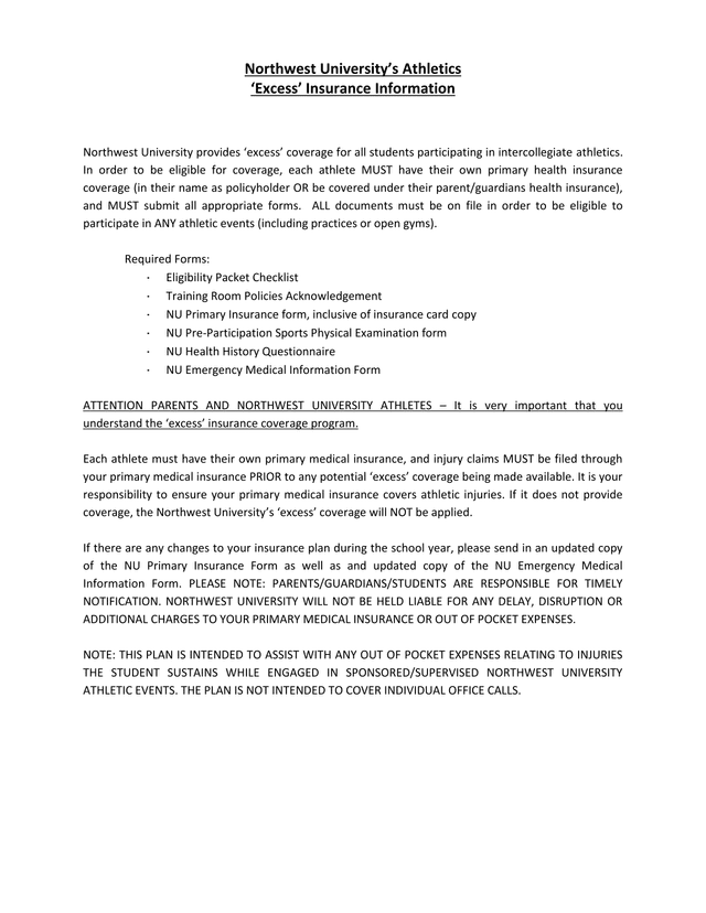 Northwest University Athletics Excess Insurance Information screenshot