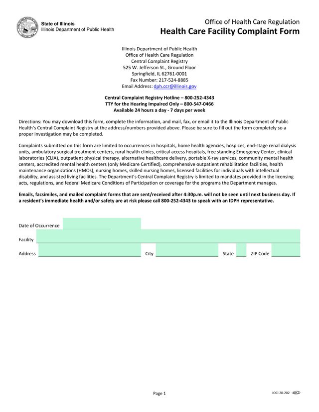 Health Care Facility Complaint Form screenshot