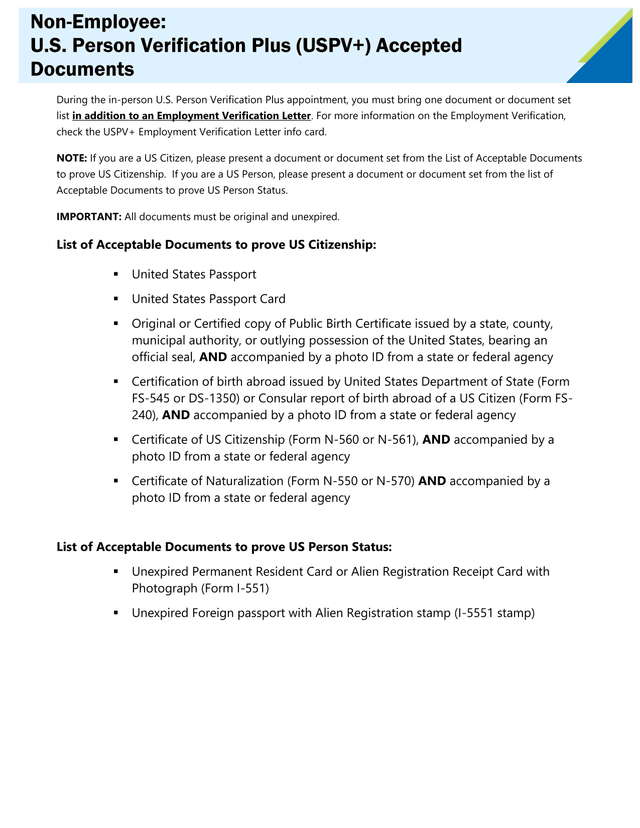 Non Employee U.S. Person Verification Plus (USPV) Accepted Documents screenshot
