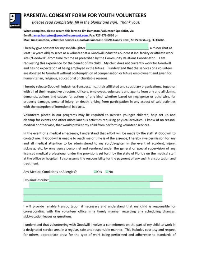PARENTAL CONSENT FORM FOR YOUTH VOLUNTEERS screenshot