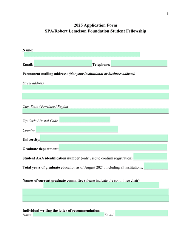 2025 Application Form SPARobert Lemelson Foundation Student Fellowship screenshot