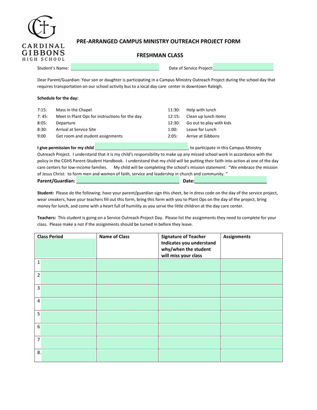 PRE ARRANGED CAMPUS MINISTRY OUTREACH PROJECT FORM screenshot