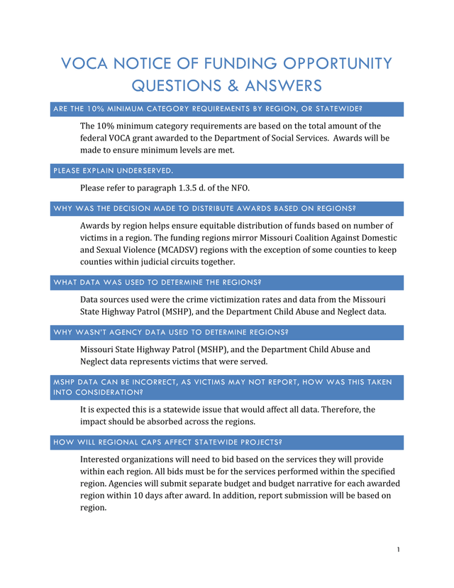 VOCA Notice Of Funding Opportunity Questions  Answers screenshot