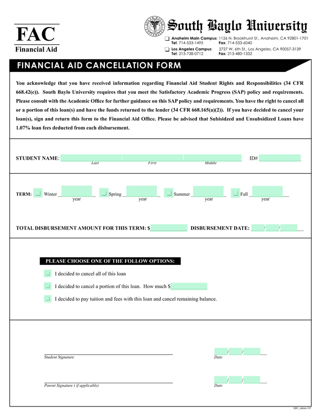 SBU Admin 107 FINANCIAL AID CANCELLATION FORM screenshot