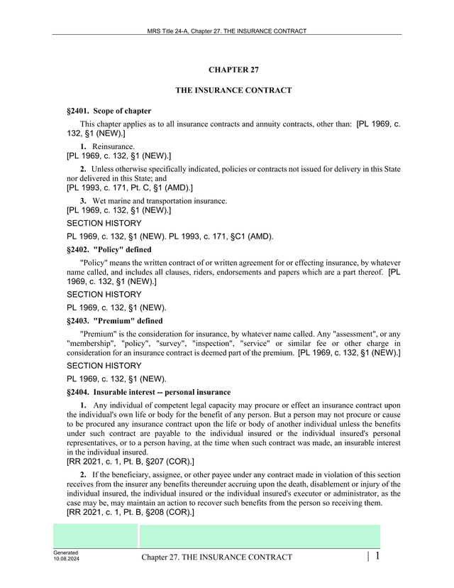 MRS Title 24 A, Chapter 27. THE INSURANCE CONTRACT screenshot