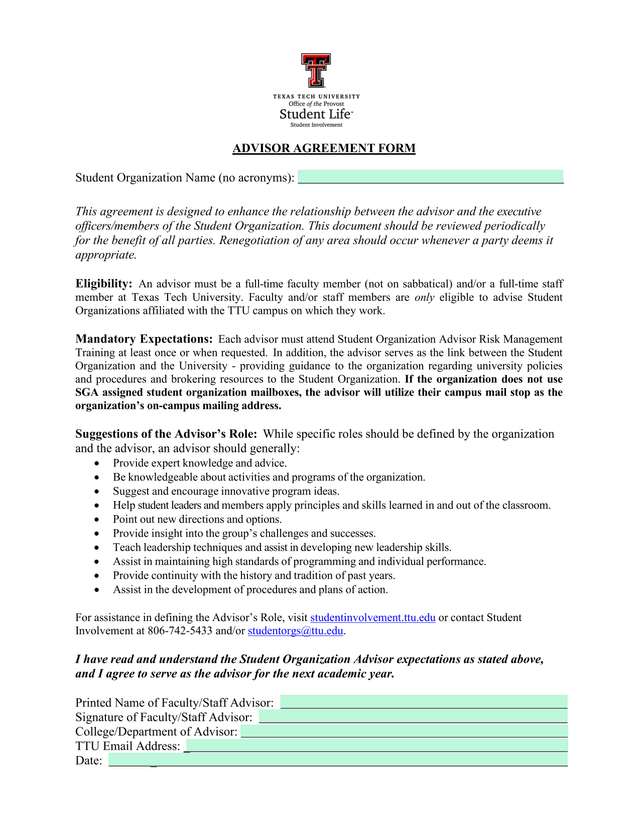 ADVISOR AGREEMENT FORM screenshot