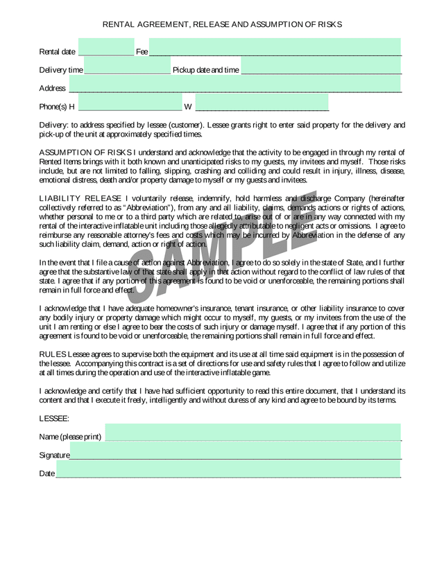 Rental Agreement, Release And Assumption Of Risks screenshot