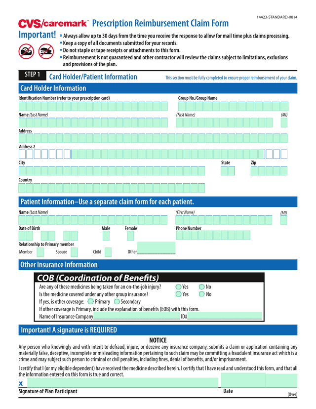 Prescription Reimbursement Claim Form screenshot