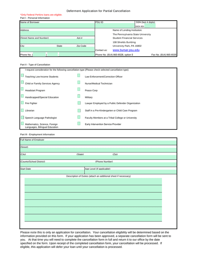 Deferment Application For Partial Cancellation screenshot