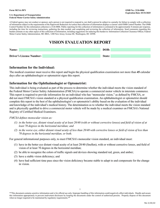 VISION EVALUATION REPORT (Form MCSA 5871) screenshot
