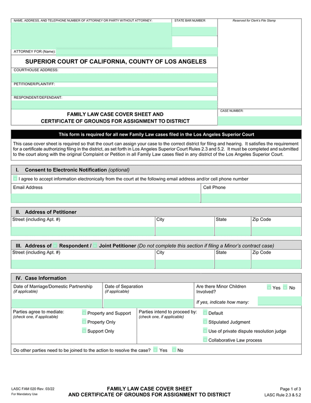 LASC FAM 020   Family Law Case Cover Sheet And Certificate Of Grounds For Assignment To District screenshot