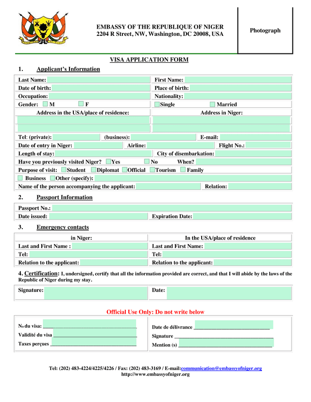 VISA APPLICATION FORM screenshot