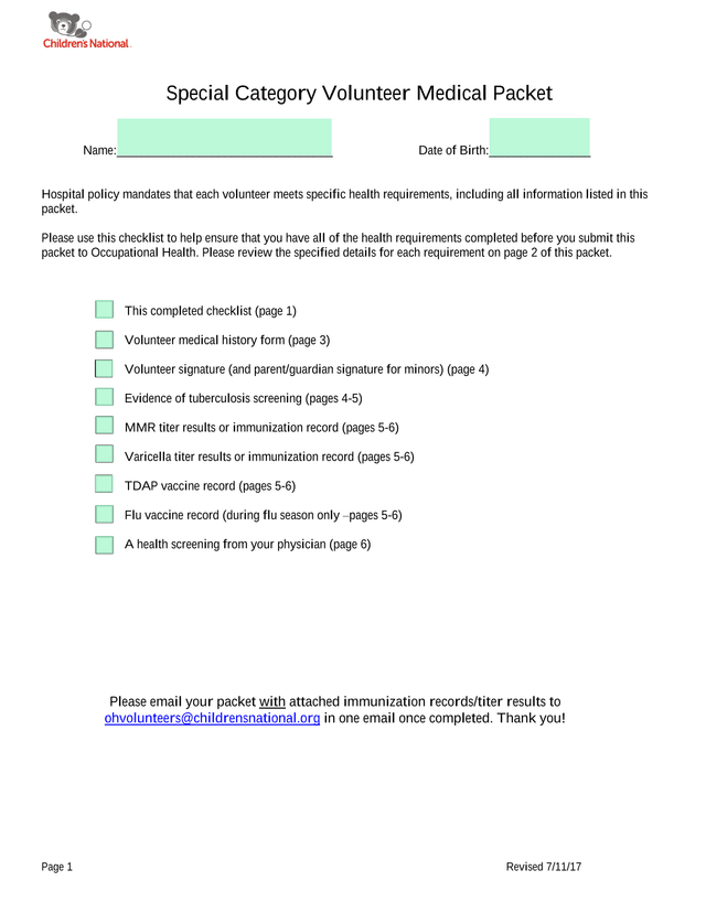 Special Category Volunteer Medical Packet screenshot