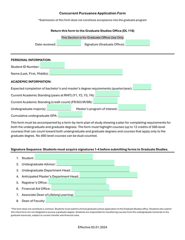 Concurrent Pursuance Application Form screenshot