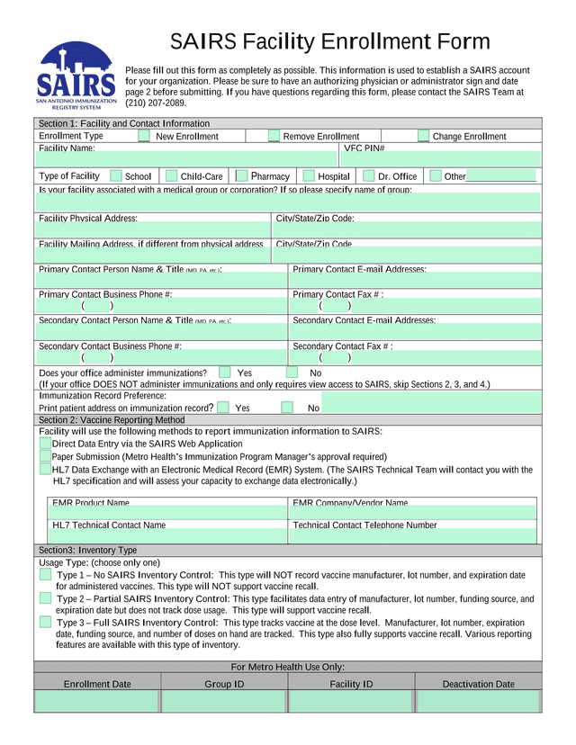 SAIRS Facility Enrollment Form screenshot